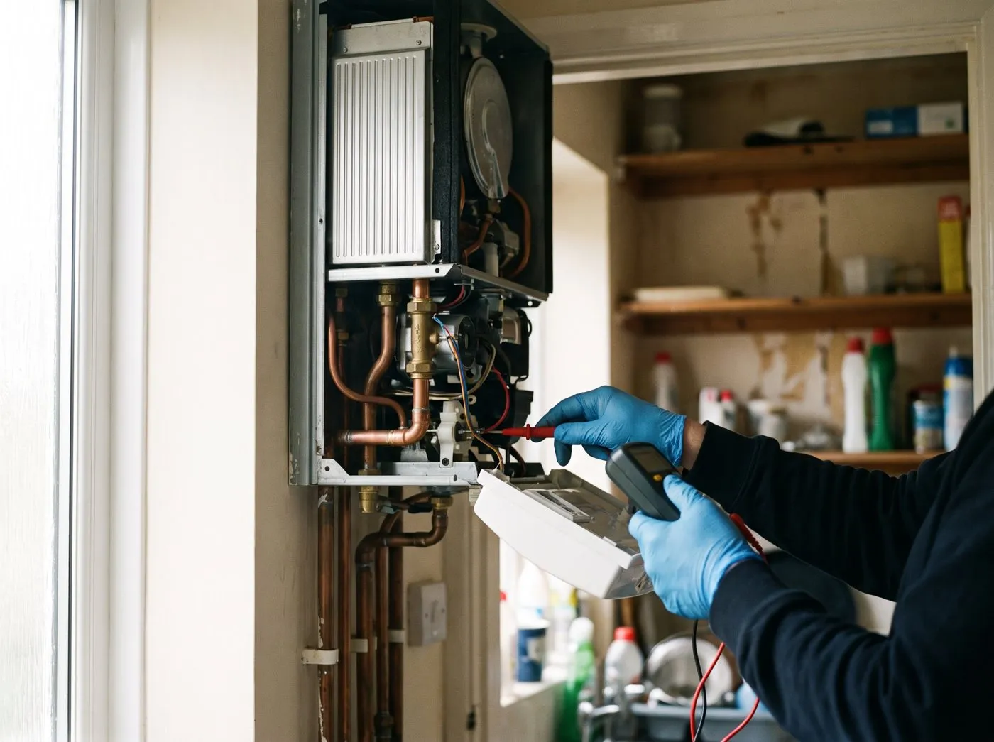 An engineer's gloved hands testing the controls inside an open combi boiler.