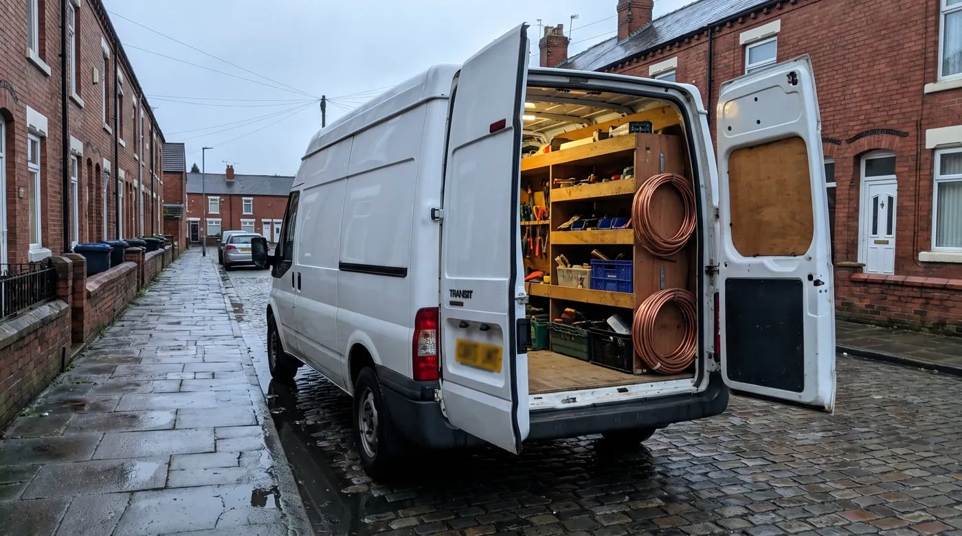A work van parked on a terraced street with its back doors open, shelves of tools and copper pipe inside.